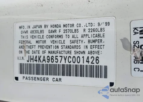 2000 Acura Rl 3.5 z USA, uszkodzony, nr VIN JH4KA9657YC001426